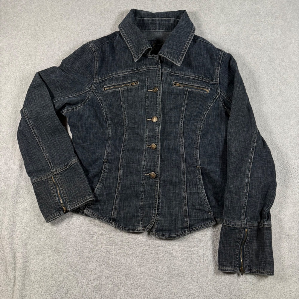 Vintage Y2K LAL Jean Jacket Women L Dark Wash Blue Denim Zipper Cuffs 56285